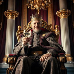 A majestic king seated on an elaborate throne, dressed in luxurious royal garments with intricate patterns, holding a glass of chrome gin