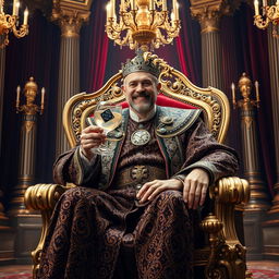 A majestic king seated on an elaborate throne, dressed in luxurious royal garments with intricate patterns, holding a glass of chrome gin