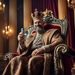 A majestic king seated on an elaborate throne, dressed in luxurious royal garments with intricate patterns, holding a glass of chrome gin