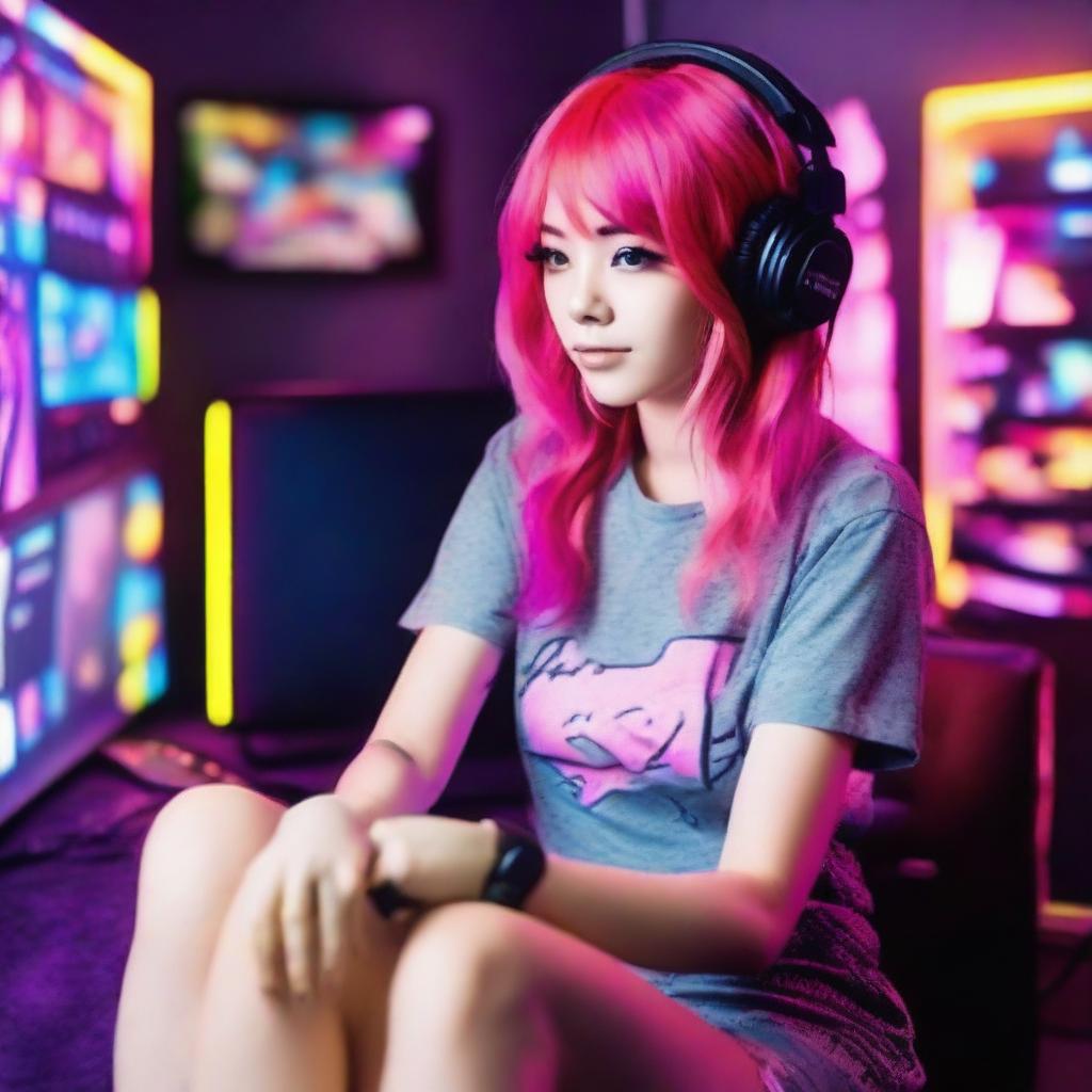 Generate an image of a beautiful gamer girl with vibrant pink hair