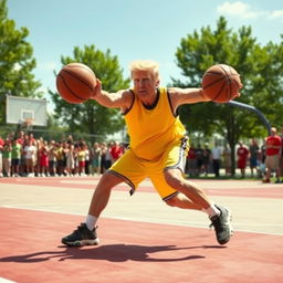 Donald Trump in a dynamic pose, playing basketball outdoors on a sunny day