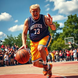 Donald Trump in a dynamic pose, playing basketball outdoors on a sunny day