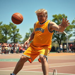 Donald Trump in a dynamic pose, playing basketball outdoors on a sunny day