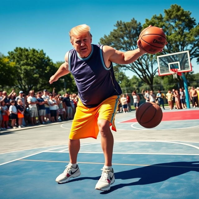 Donald Trump in a dynamic pose, playing basketball outdoors on a sunny day