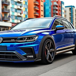 A stunning blue Volkswagen Alltrack featuring an aggressive aerodynamic design and an eye-catching widebody kit