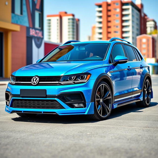 A stunning blue Volkswagen Alltrack featuring an aggressive aerodynamic design and an eye-catching widebody kit