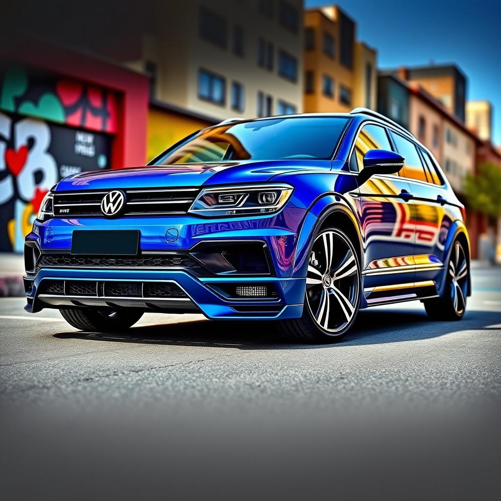 A stunning blue Volkswagen Alltrack featuring an aggressive aerodynamic design and an eye-catching widebody kit