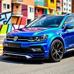 A stunning blue Volkswagen Alltrack featuring an aggressive aerodynamic design and an eye-catching widebody kit