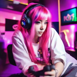 Generate an image of a beautiful gamer girl with vibrant pink hair