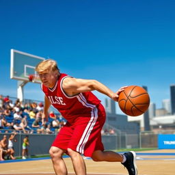 Donald Trump energetically playing basketball on an outdoor court, wearing a sporty red jersey with white stripes and matching shorts