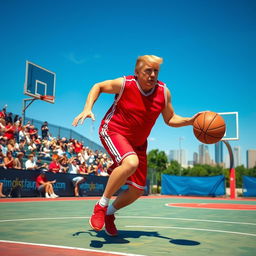 Donald Trump energetically playing basketball on an outdoor court, wearing a sporty red jersey with white stripes and matching shorts