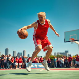 Donald Trump energetically playing basketball on an outdoor court, wearing a sporty red jersey with white stripes and matching shorts