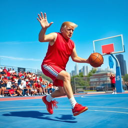 Donald Trump energetically playing basketball on an outdoor court, wearing a sporty red jersey with white stripes and matching shorts