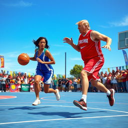Donald Trump and Kamala Harris engaged in a lively basketball game on an outdoor court