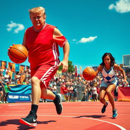 Donald Trump and Kamala Harris engaged in a lively basketball game on an outdoor court