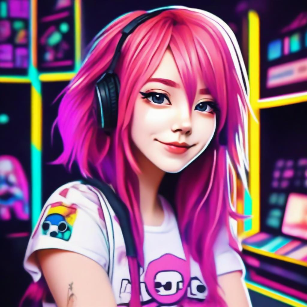 Generate an image of a beautiful gamer girl with vibrant pink hair