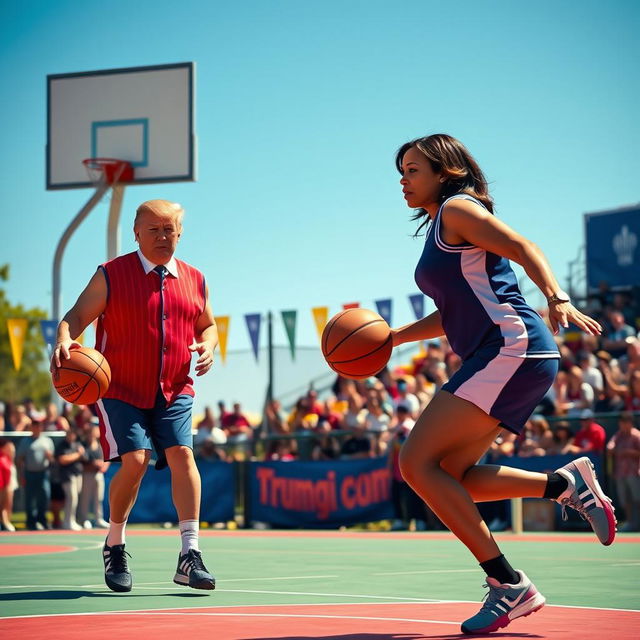 Donald Trump and Kamala Harris engaged in a lively basketball game on an outdoor court