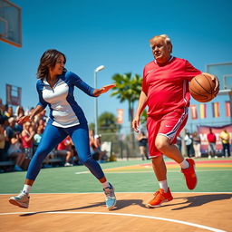 Donald Trump and Kamala Harris engaged in a lively basketball game on an outdoor court