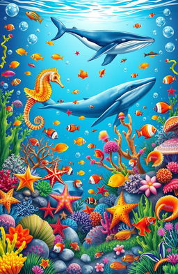 An A5 book cover featuring a vibrant underwater scene filled with a diverse array of sea creatures