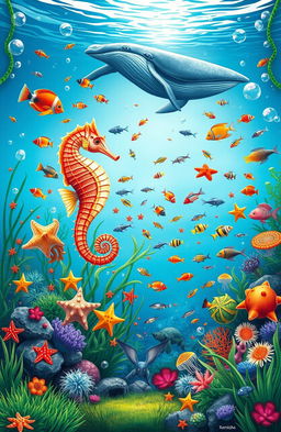 An A5 book cover featuring a vibrant underwater scene filled with a diverse array of sea creatures