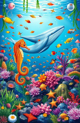 An A5 book cover featuring a vibrant underwater scene filled with a diverse array of sea creatures