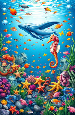 An A5 book cover featuring a vibrant underwater scene filled with a diverse array of sea creatures