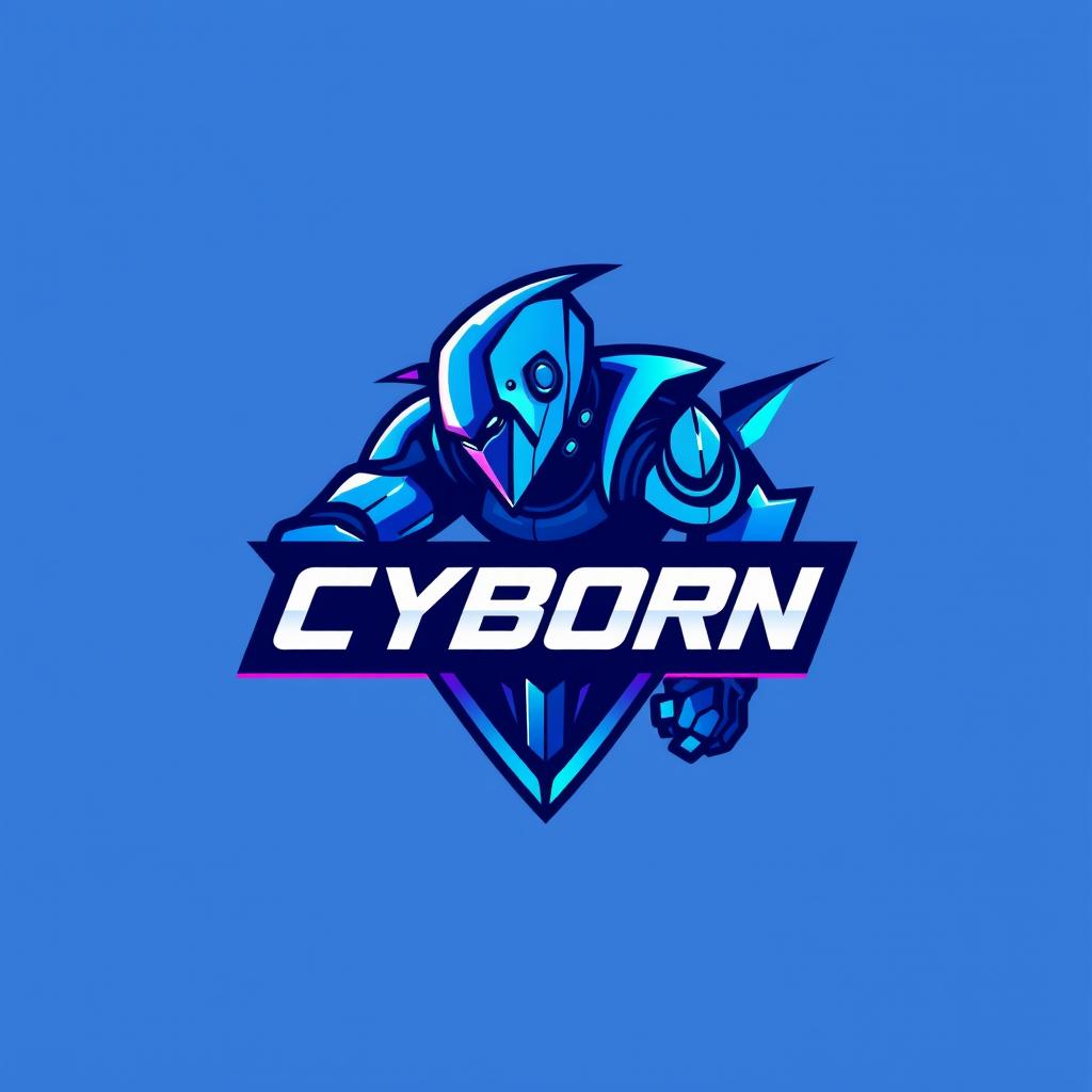 A dynamic and modern logo design featuring a cyborg theme, using a palette of vibrant blue and purple colors