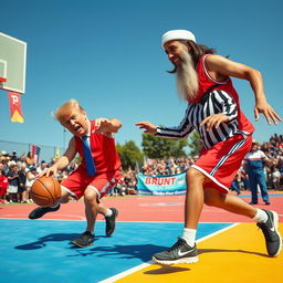 A surreal basketball game scenario featuring Donald Trump and Kamala Harris along with a fictional representation of Osama Bin Laden, set on a vibrant outdoor court