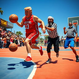 A surreal basketball game scenario featuring Donald Trump and Kamala Harris along with a fictional representation of Osama Bin Laden, set on a vibrant outdoor court