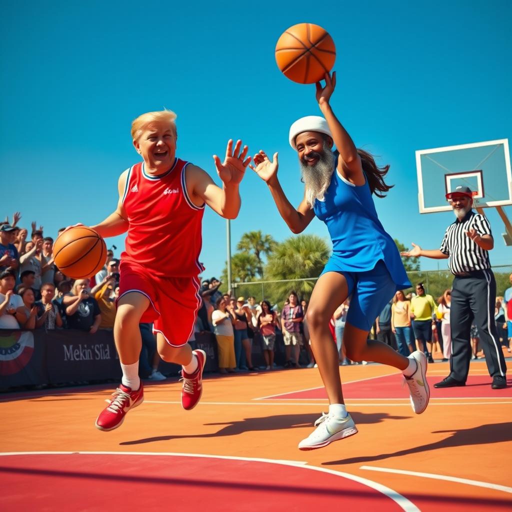 A surreal basketball game scenario featuring Donald Trump and Kamala Harris along with a fictional representation of Osama Bin Laden, set on a vibrant outdoor court