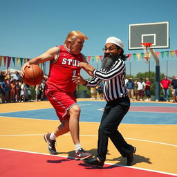 A surreal basketball game scenario featuring Donald Trump and Kamala Harris along with a fictional representation of Osama Bin Laden, set on a vibrant outdoor court