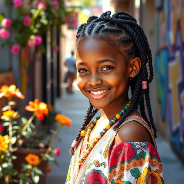 A beautiful young Black girl with radiant skin and expressive eyes, wearing colorful traditional attire, standing in a lively urban environment, smiling joyfully