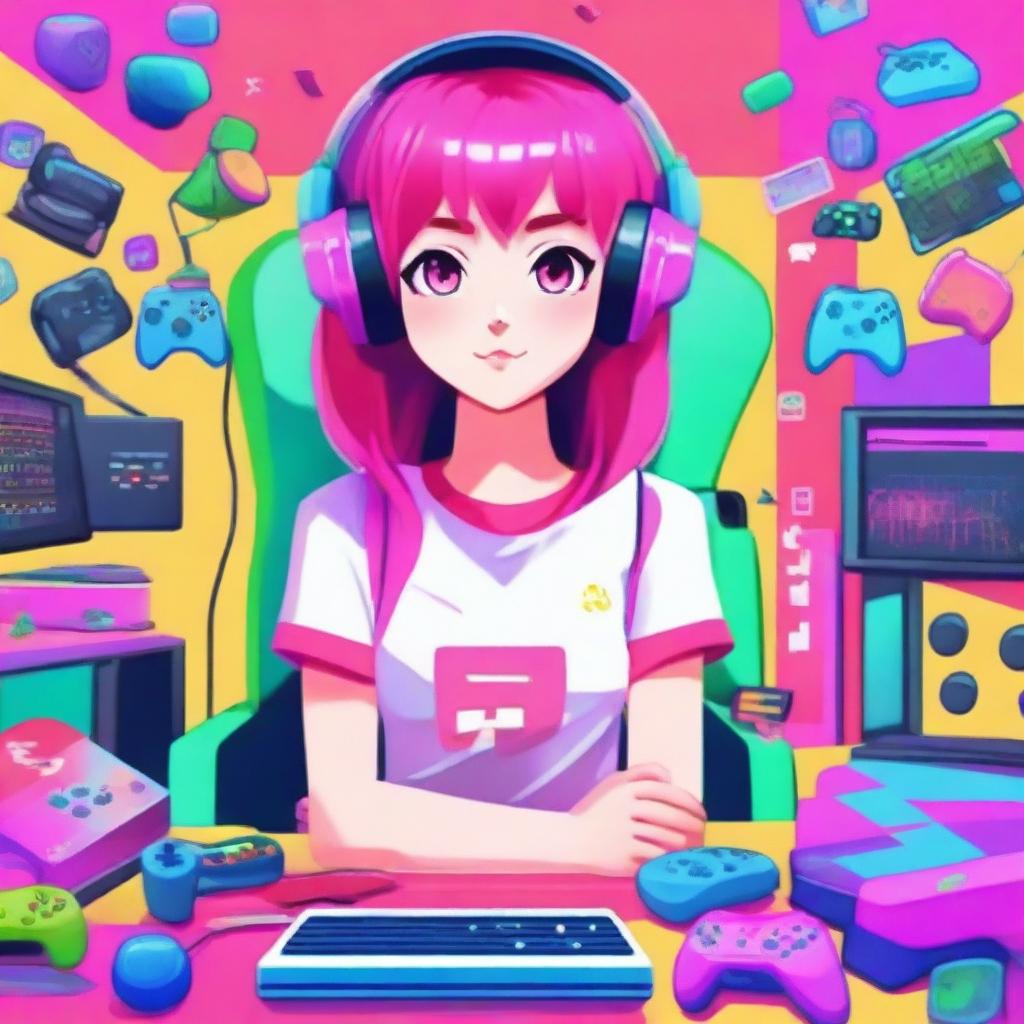 Generate an image of a cute and enthusiastic young gamer girl with bright pink hair