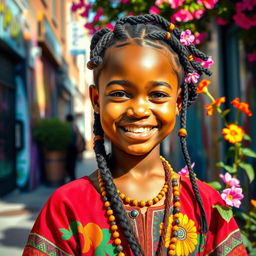 A beautiful young Black girl with radiant skin and expressive eyes, wearing colorful traditional attire, standing in a lively urban environment, smiling joyfully