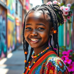 A beautiful young Black girl with radiant skin and expressive eyes, wearing colorful traditional attire, standing in a lively urban environment, smiling joyfully