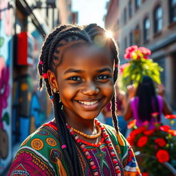 A beautiful young Black girl with radiant skin and expressive eyes, wearing colorful traditional attire, standing in a lively urban environment, smiling joyfully