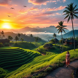 A breathtaking landscape of Asia showcasing the lush green rice terraces of Bali, with traditional Balinese houses nestled among the fields