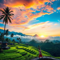 A breathtaking landscape of Asia showcasing the lush green rice terraces of Bali, with traditional Balinese houses nestled among the fields