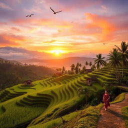 A breathtaking landscape of Asia showcasing the lush green rice terraces of Bali, with traditional Balinese houses nestled among the fields
