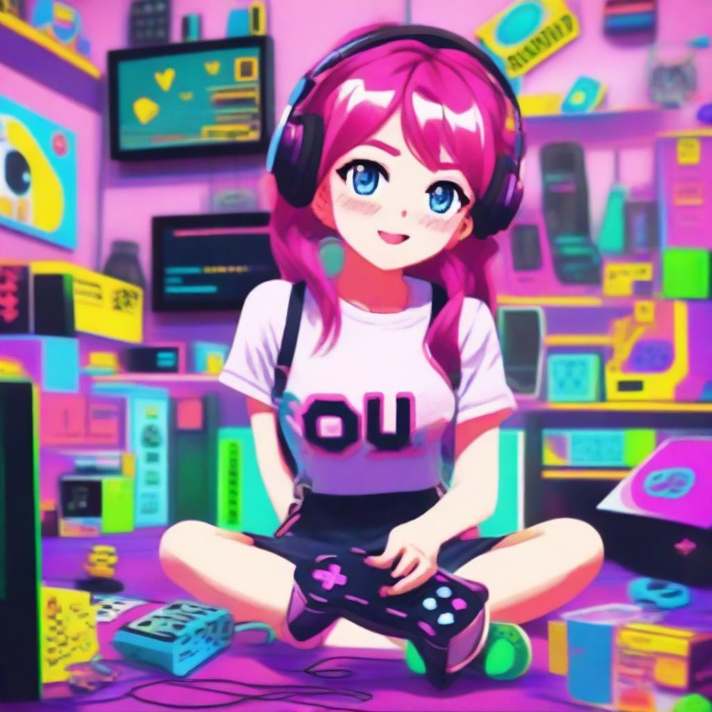 Generate an image of a cute and enthusiastic young gamer girl with bright pink hair