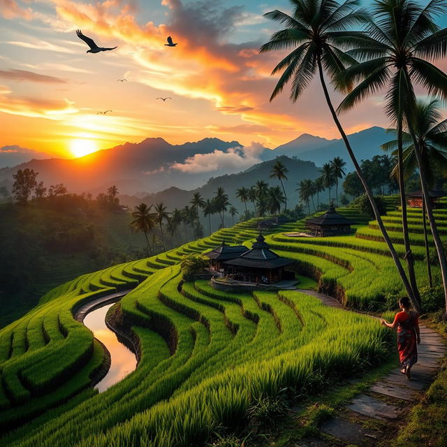 A breathtaking landscape of Asia showcasing the lush green rice terraces of Bali, with traditional Balinese houses nestled among the fields