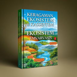 A captivating cover design for a book titled 'Keragaman Ekosistem di Kawasan Konservasi'
