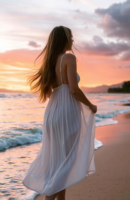 A beautiful young woman standing on a secluded beach, facing the ocean while the sun sets behind her