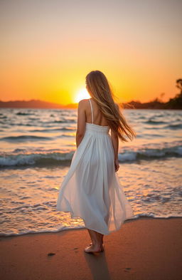 A beautiful young woman standing on a secluded beach, facing the ocean while the sun sets behind her