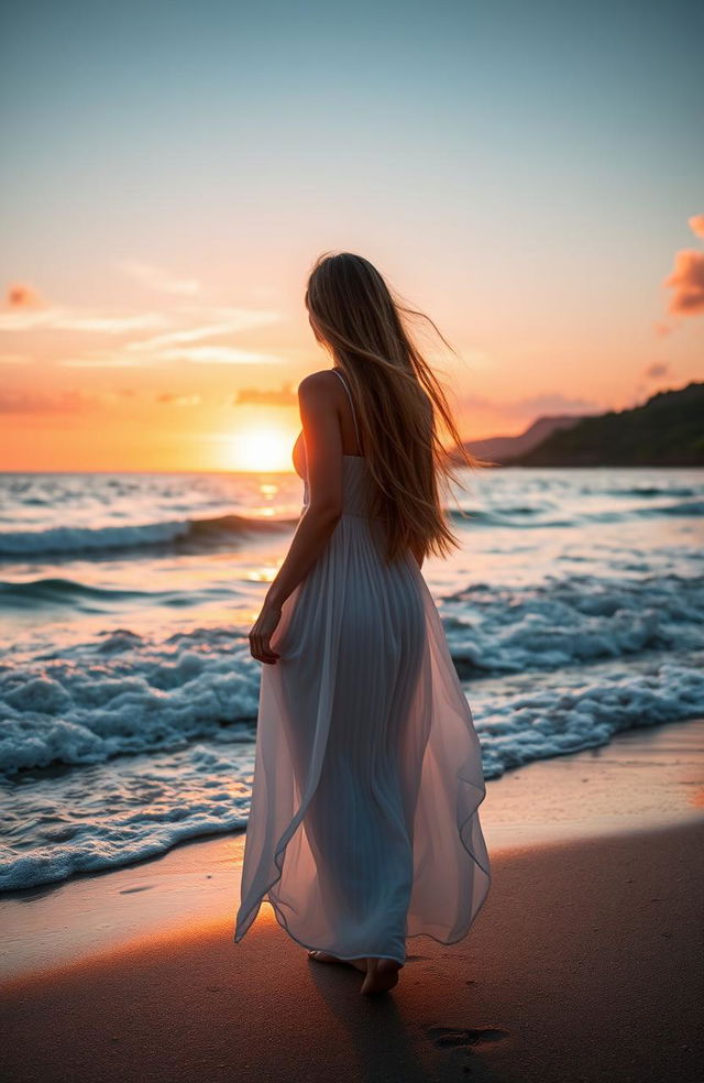 A beautiful young woman standing on a secluded beach, facing the ocean while the sun sets behind her