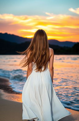 A beautiful young woman standing on a secluded beach, facing the ocean while the sun sets behind her