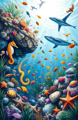 An A4 landscape book cover featuring a vibrant underwater scene, showcasing a variety of sea life including a graceful seahorse, colorful tropical fish swimming amongst coral reefs, and a majestic whale gliding through the water