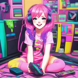 Generate an image of a cute and enthusiastic young gamer girl with bright pink hair