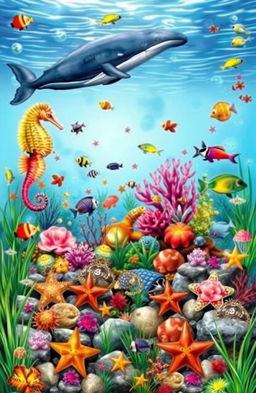 An A4 landscape book cover featuring a vibrant underwater scene, showcasing a variety of sea life including a graceful seahorse, colorful tropical fish swimming amongst coral reefs, and a majestic whale gliding through the water