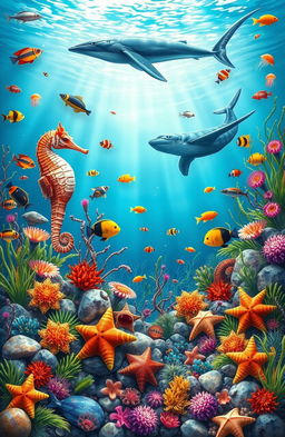 An A4 landscape book cover featuring a vibrant underwater scene, showcasing a variety of sea life including a graceful seahorse, colorful tropical fish swimming amongst coral reefs, and a majestic whale gliding through the water